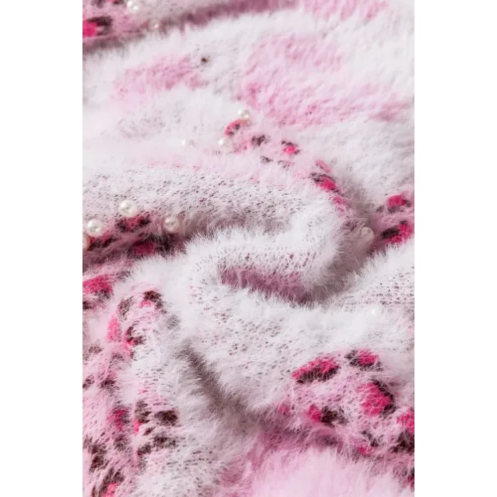 Pink and White Leopard Print Heart Pattern Women's Sweater Size X Large NWOT